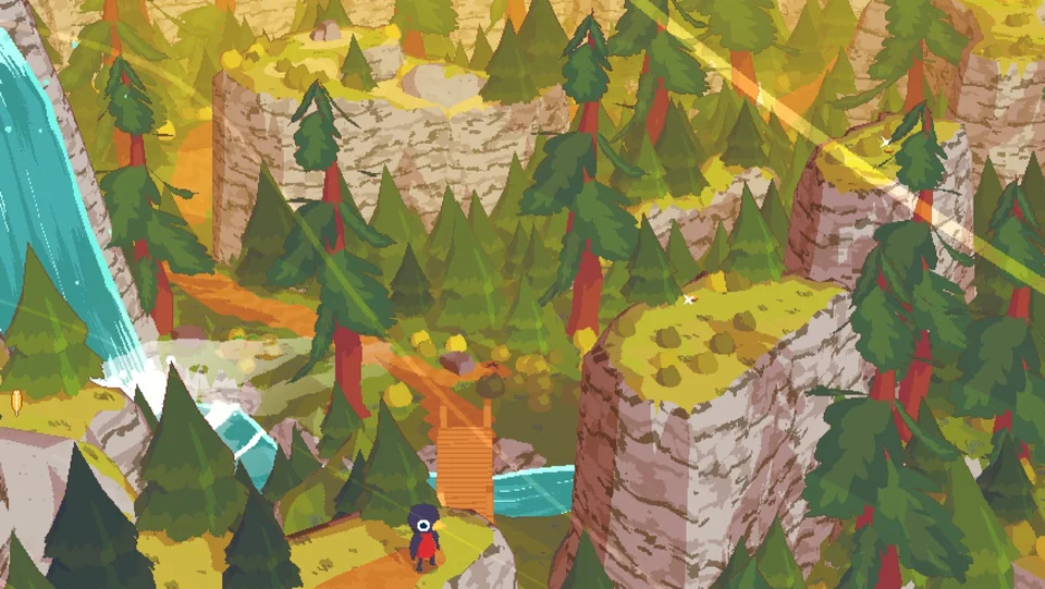 A Short Hike screenshot: low-poly, three-quarter, black outlines, two-tone cel (environment)