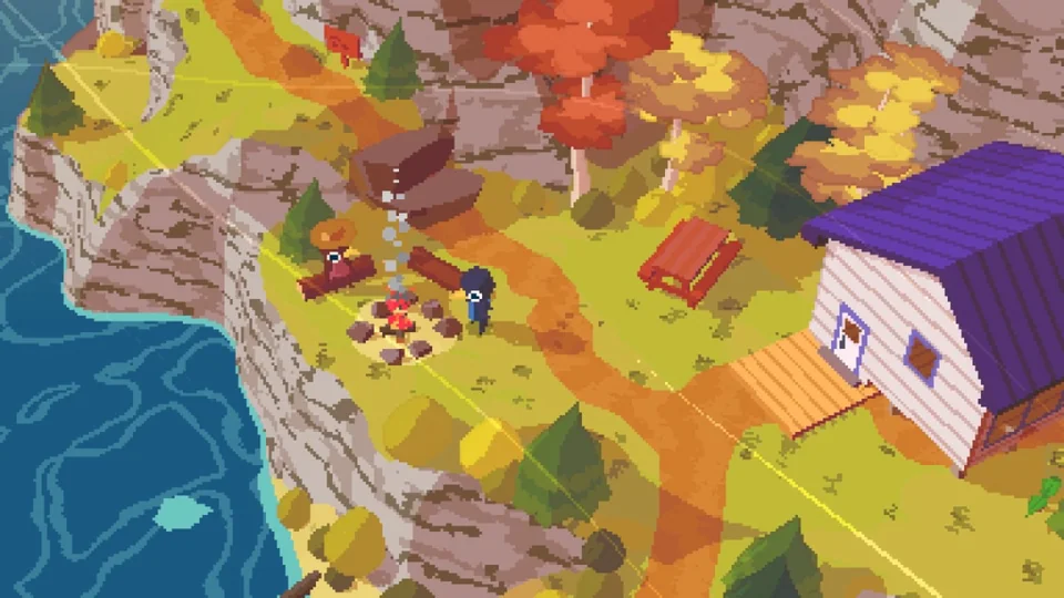A Short Hike screenshot: low-poly, three-quarter, black outlines, two-tone cel (environment)