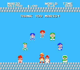 All Night Nippon Super Mario Bros. screenshot: pixel art, side-scrolling, black outlines, flat / unlit (cutscene, character)