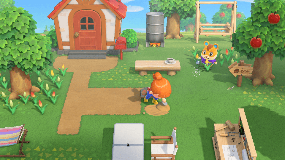 Animal Crossing: New Horizons screenshot: stylized 3d, third-person, three-quarter, no outlines, soft gradient (environment, character)