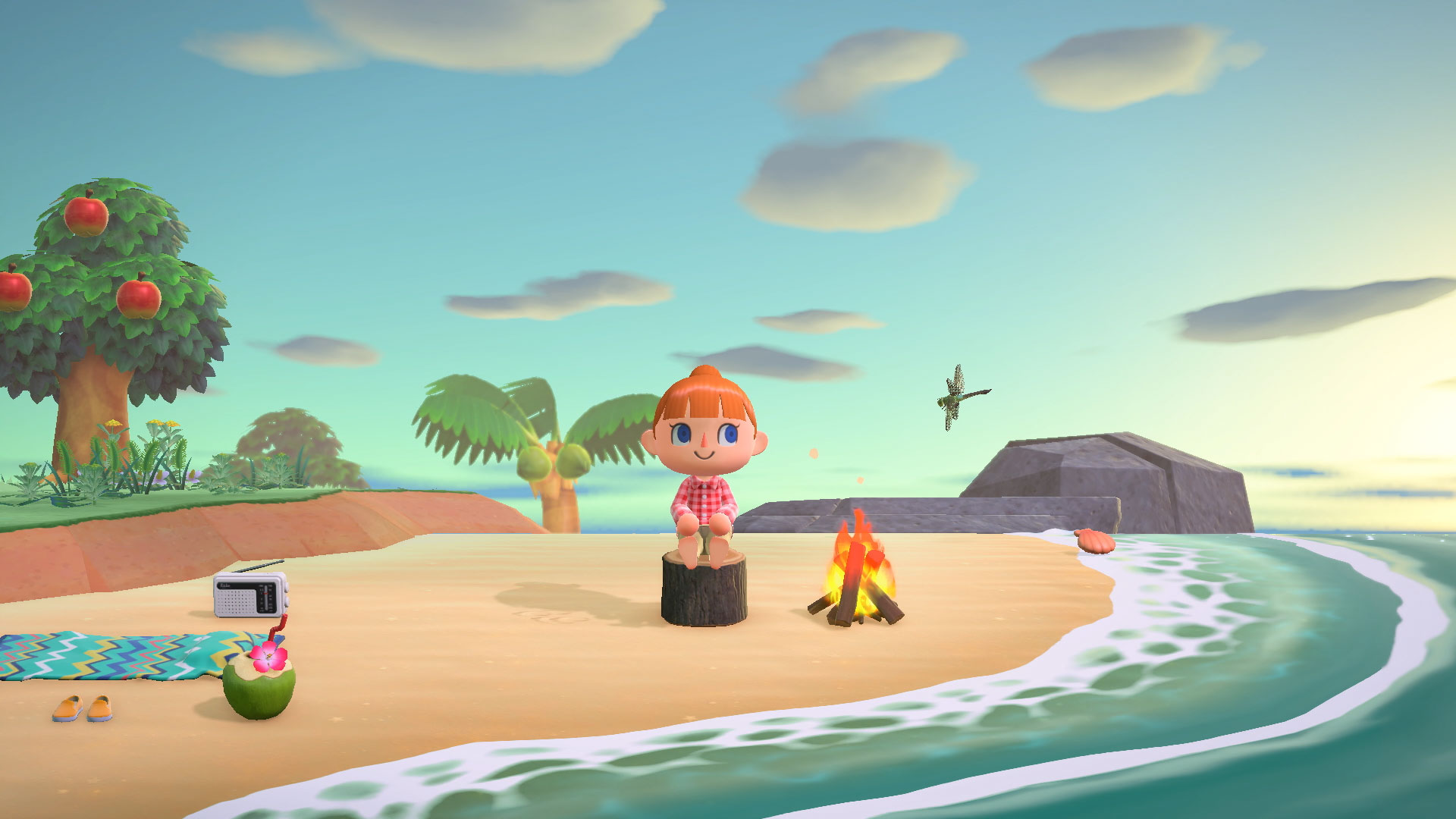 Animal Crossing: New Horizons screenshot: stylized 3d, third-person, three-quarter, no outlines, soft gradient (environment, character)