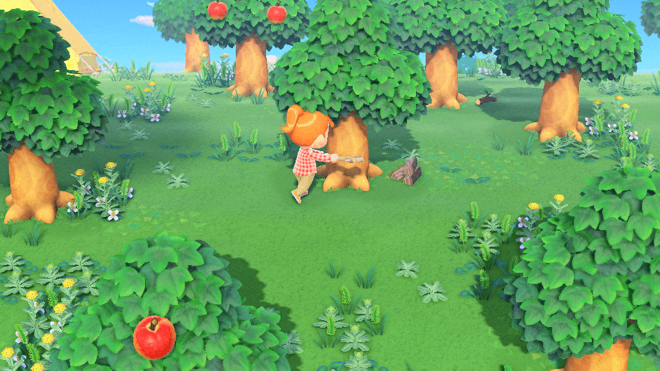 Animal Crossing: New Horizons screenshot: stylized 3d, third-person, three-quarter, no outlines, soft gradient (environment, character)