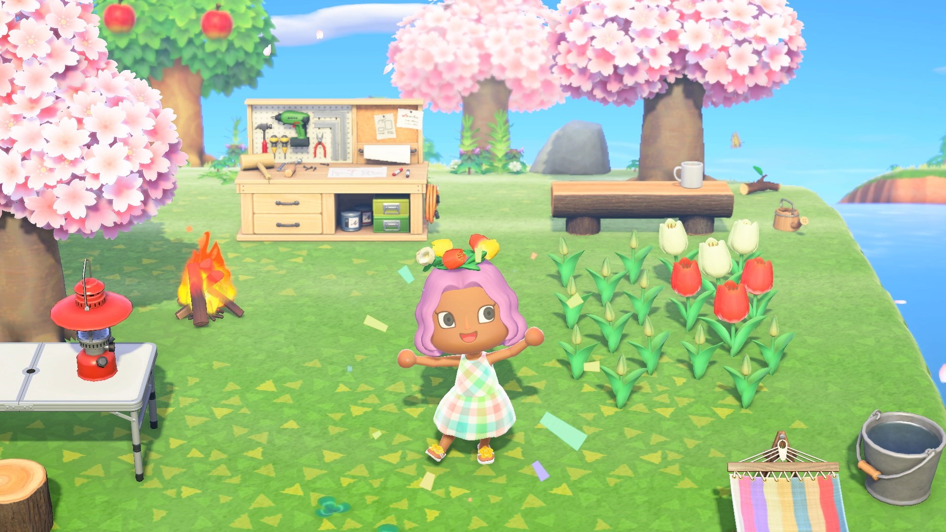 Animal Crossing: New Horizons screenshot: stylized 3d, third-person, three-quarter, no outlines, soft gradient (environment, character)