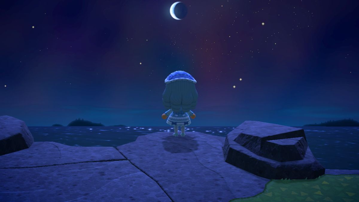 Animal Crossing: New Horizons screenshot: stylized 3d, third-person, three-quarter, no outlines, soft gradient (environment, character)