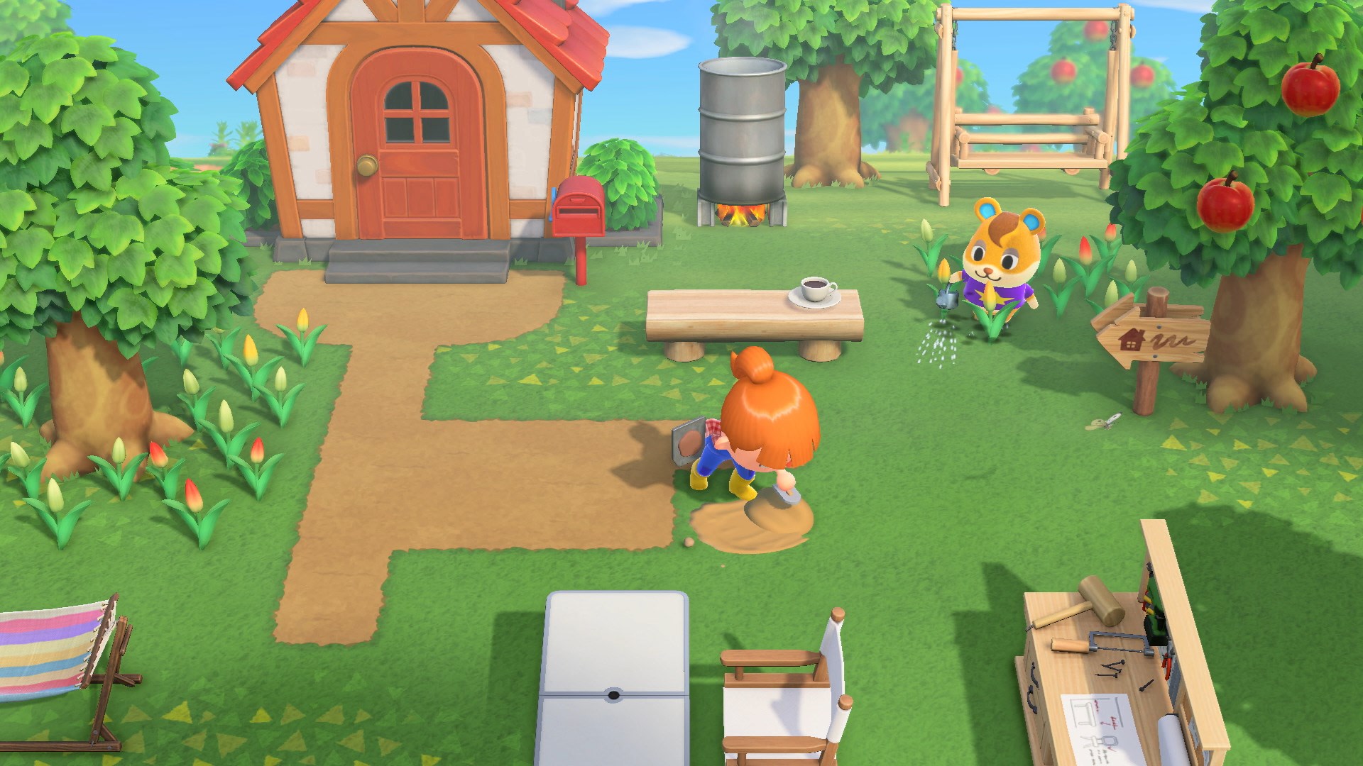 Animal Crossing: New Horizons screenshot: stylized 3d, third-person, three-quarter, no outlines, soft gradient (environment, character)