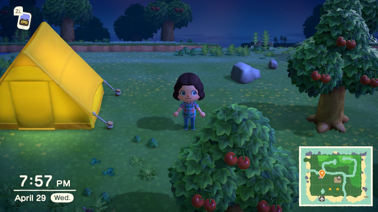 Animal Crossing: New Horizons screenshot: stylized 3d, third-person, three-quarter, no outlines, soft gradient (environment, character)