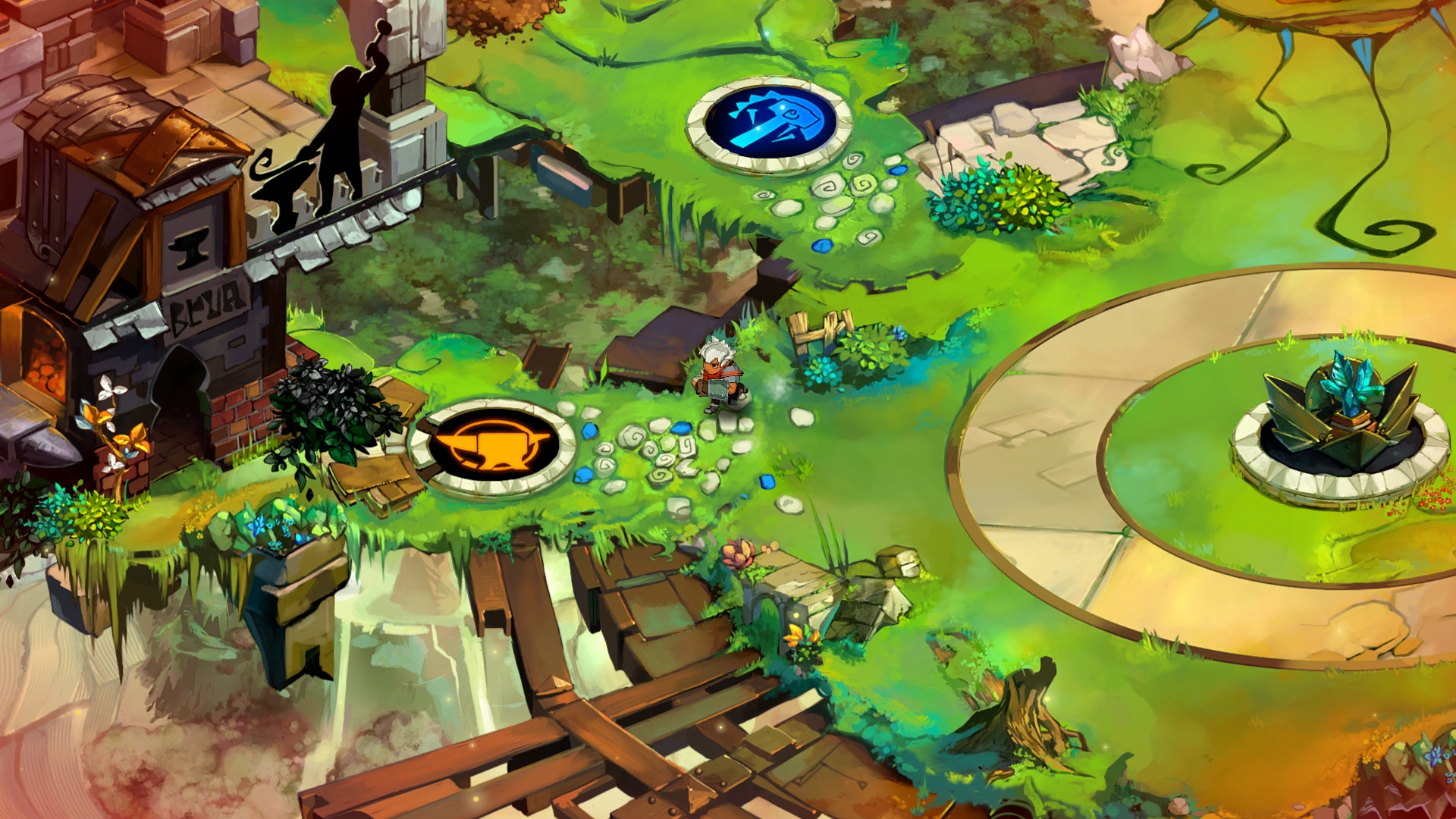 Bastion screenshot: painterly, hand-drawn, isometric, inked lines, baked lighting (environment)