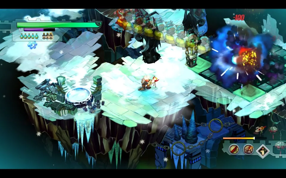 Bastion screenshot: painterly, hand-drawn, isometric, no outlines, soft gradient (combat)