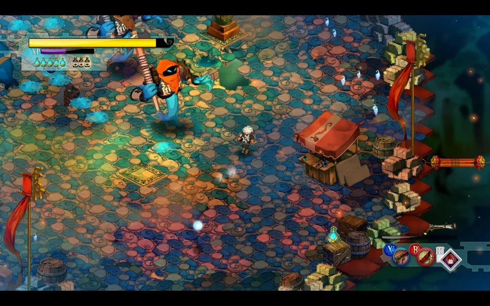 Bastion screenshot: painterly, hand-drawn, isometric, no outlines, soft gradient (combat)