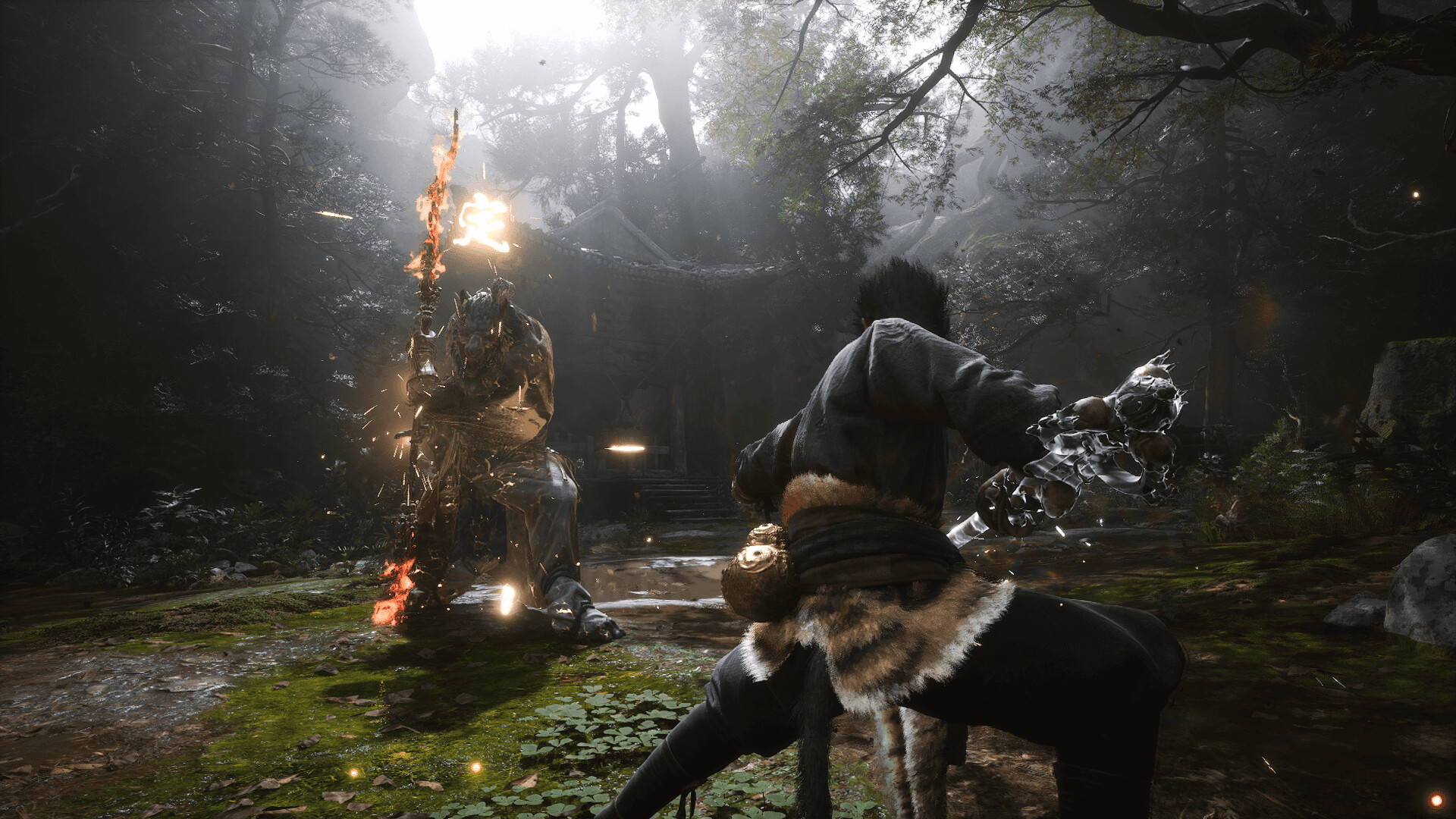 Black Myth: Wukong screenshot: realistic, third-person, no outlines, realistic lighting (environment, character, combat)