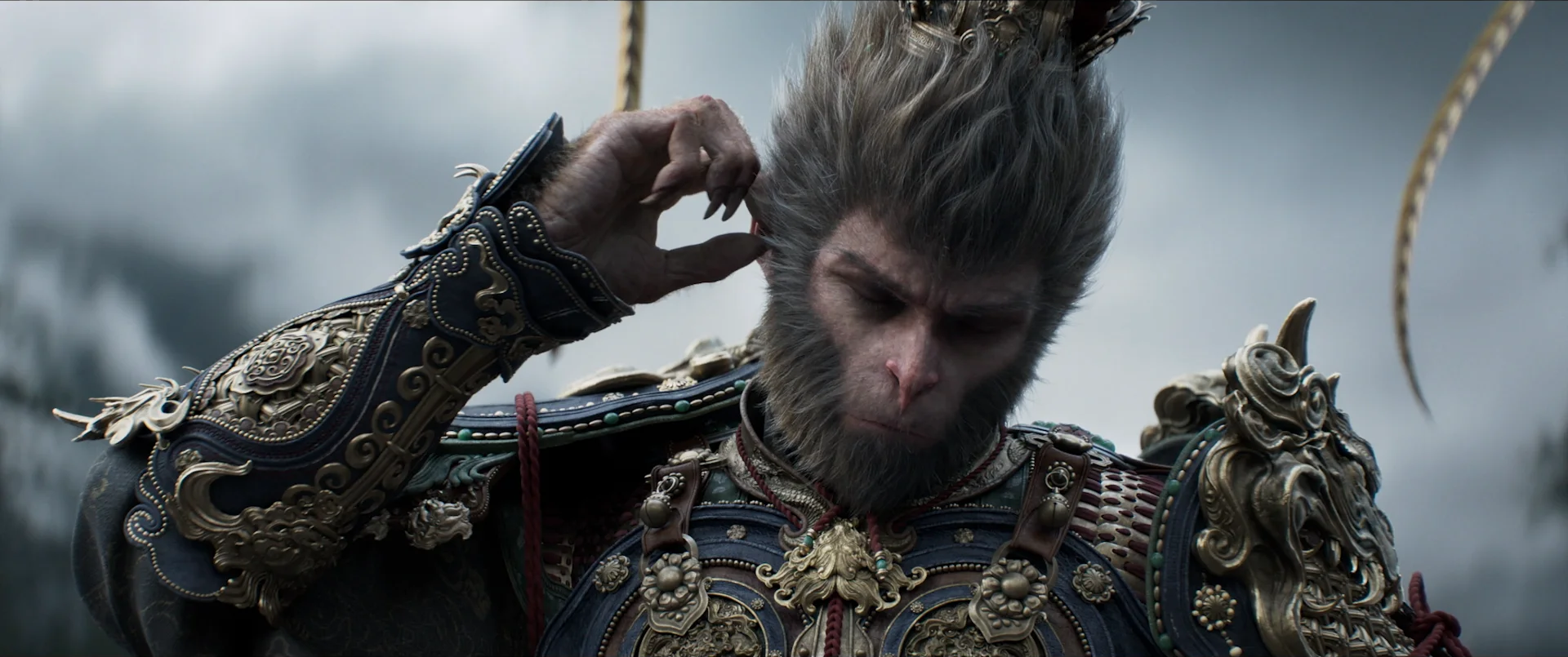Black Myth: Wukong screenshot: realistic, third-person, no outlines, realistic lighting (character, cutscene)