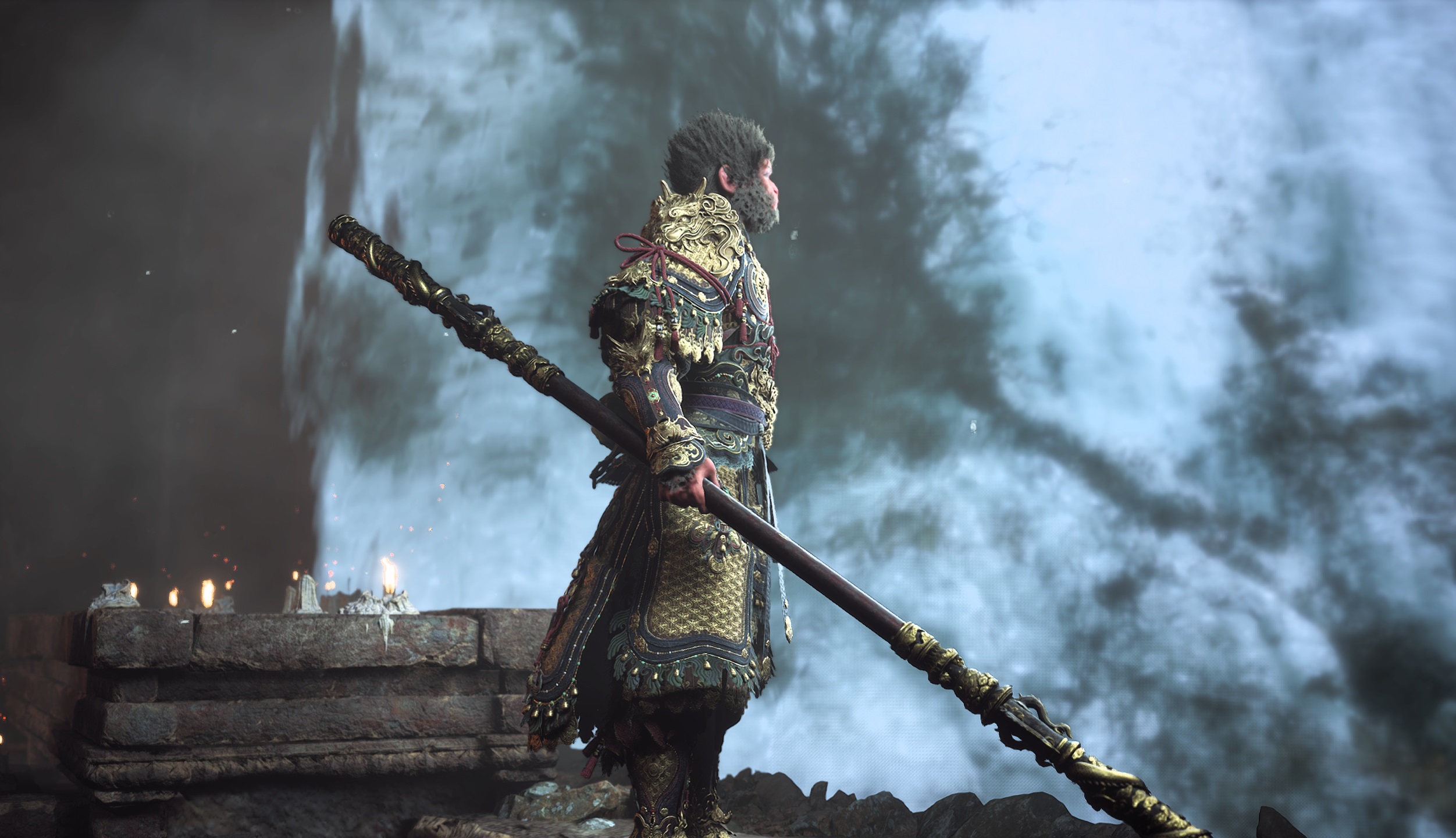 Black Myth: Wukong screenshot: realistic, third-person, no outlines, realistic lighting (environment, character)