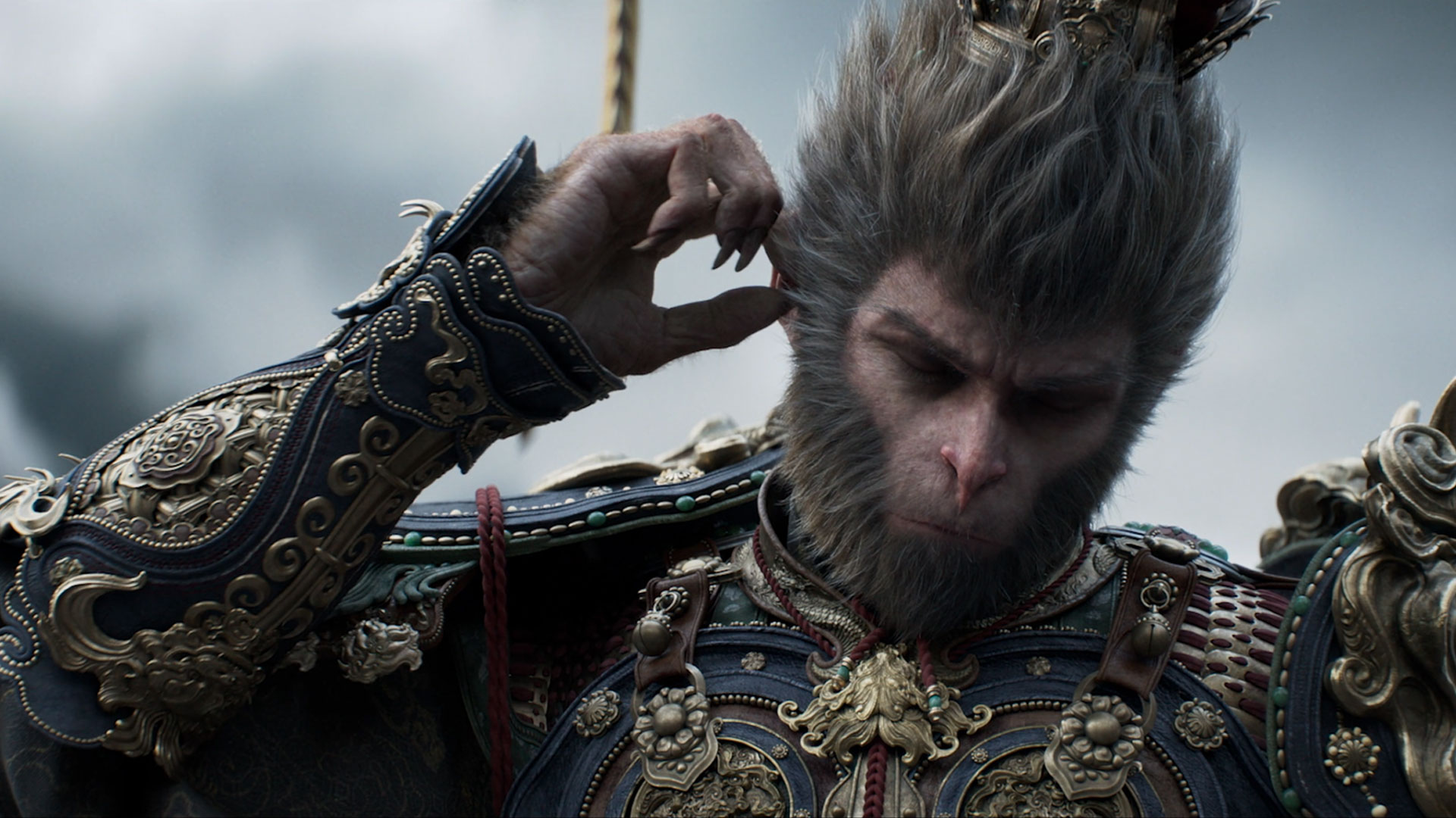 Black Myth: Wukong screenshot: realistic, third-person, no outlines, realistic lighting (character, cutscene)