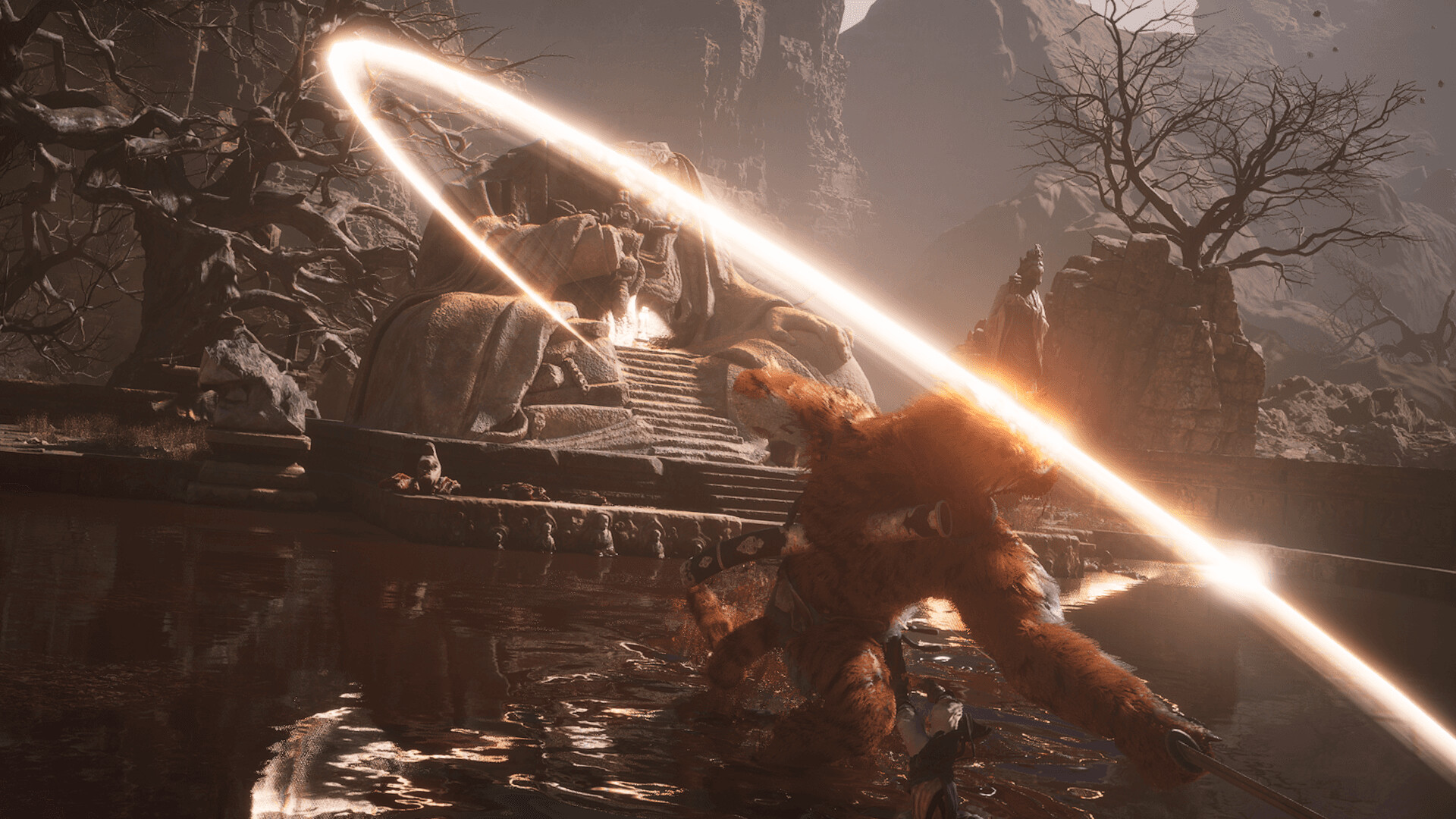 Black Myth: Wukong screenshot: realistic, third-person, no outlines, realistic lighting (environment, combat)
