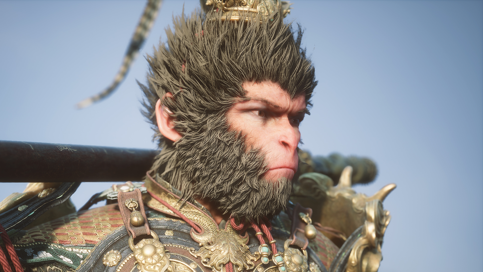 Black Myth: Wukong screenshot: realistic, third-person, no outlines, realistic lighting (character, cutscene)