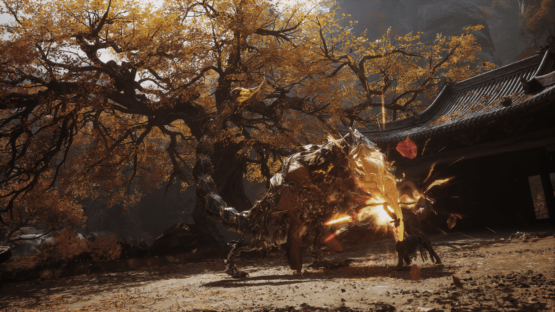 Black Myth: Wukong screenshot: realistic, third-person, no outlines, realistic lighting (environment, combat)