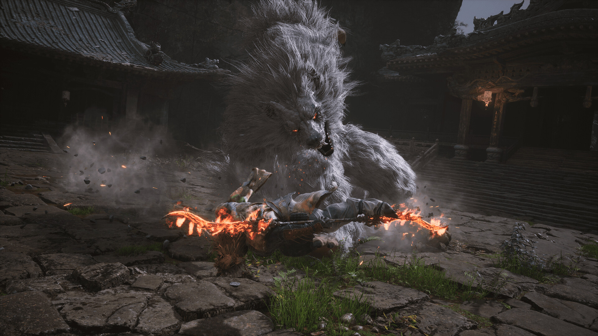 Black Myth: Wukong screenshot: realistic, third-person, no outlines, realistic lighting (environment, combat)