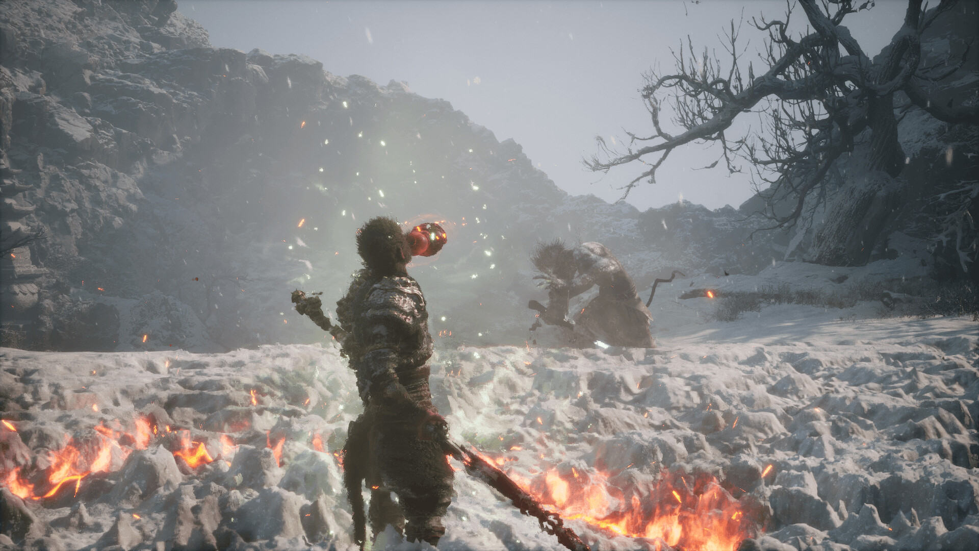 Black Myth: Wukong screenshot: realistic, third-person, no outlines, realistic lighting (environment, character, combat)