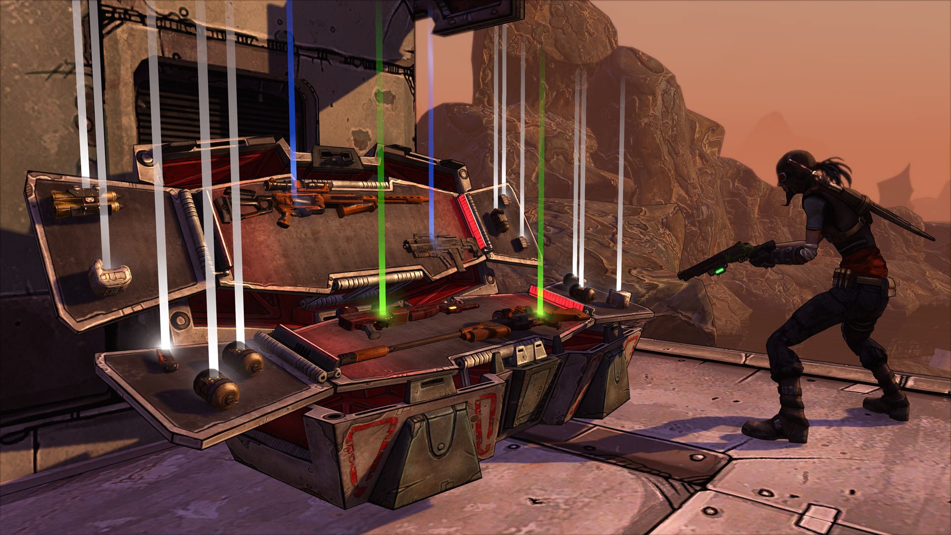 Borderlands screenshot: cel-shaded, first-person, black outlines, soft gradient (environment, character)