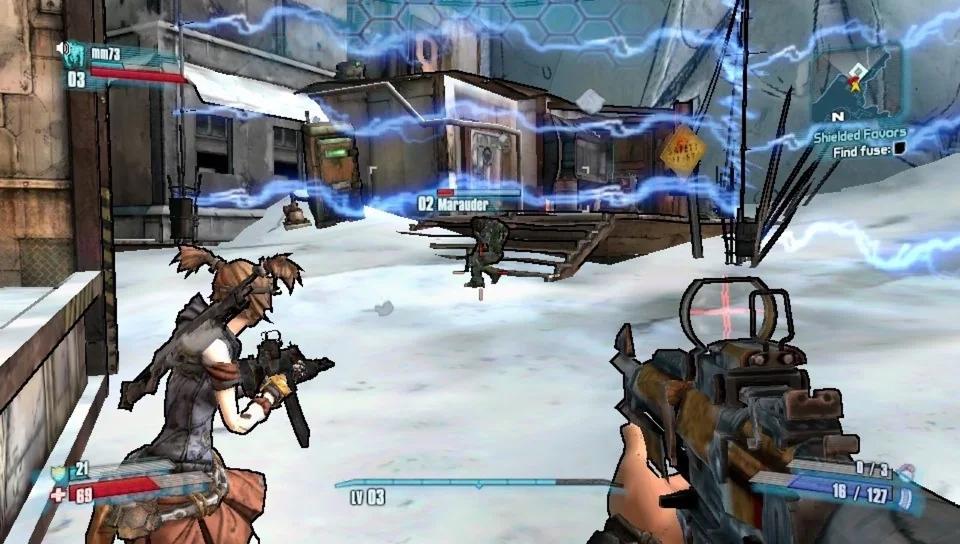 Borderlands 2 screenshot: cel-shaded, first-person, inked lines, soft gradient (combat)