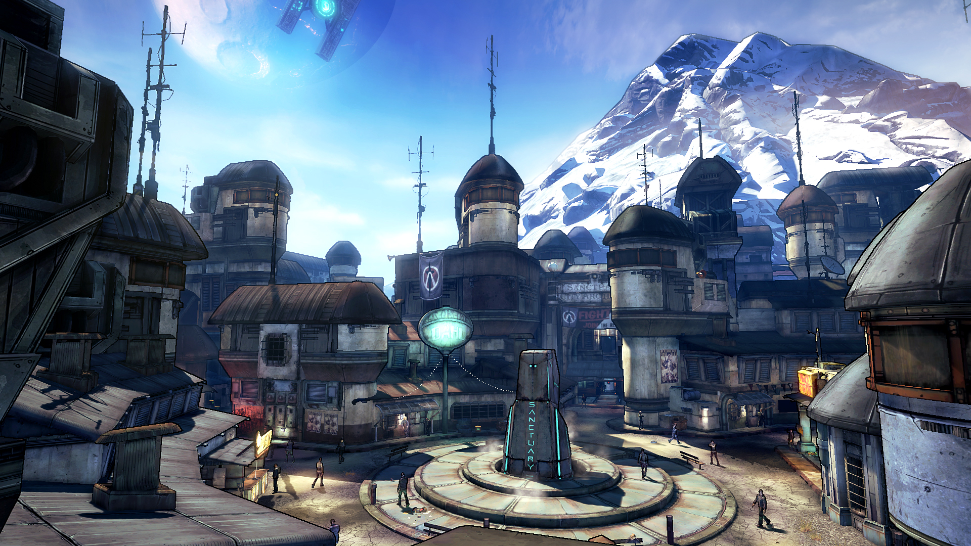 Borderlands 2 screenshot: cel-shaded, first-person, black outlines, soft gradient (environment)