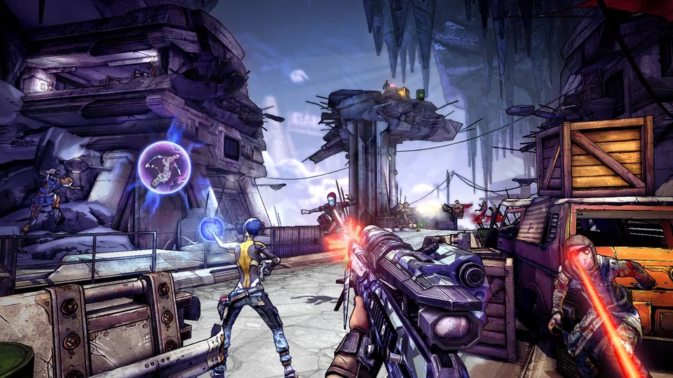 Borderlands 2 screenshot: cel-shaded, first-person, inked lines, soft gradient (combat)