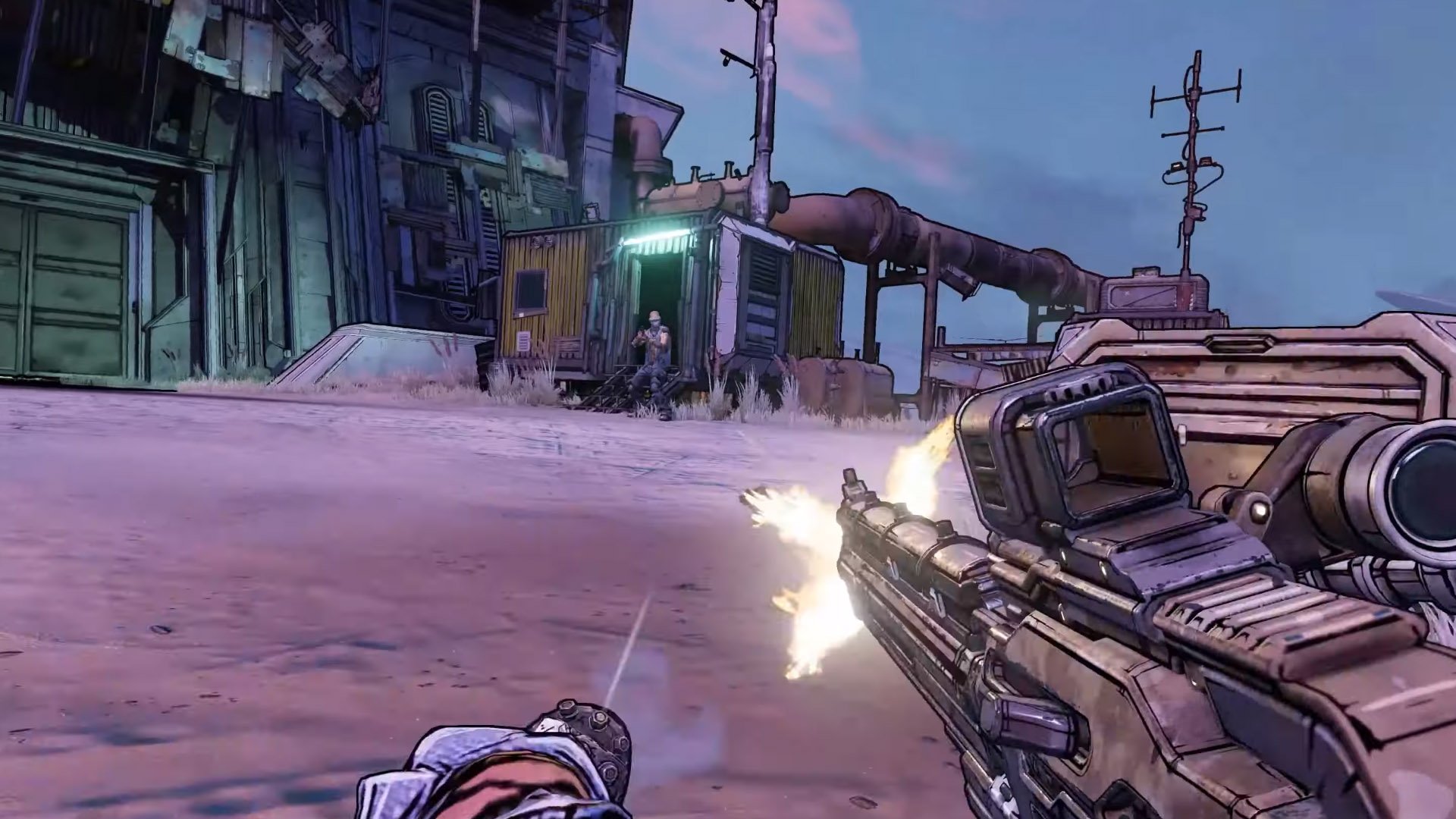 Borderlands screenshot: cel-shaded, first-person, black outlines, soft gradient (environment, combat)