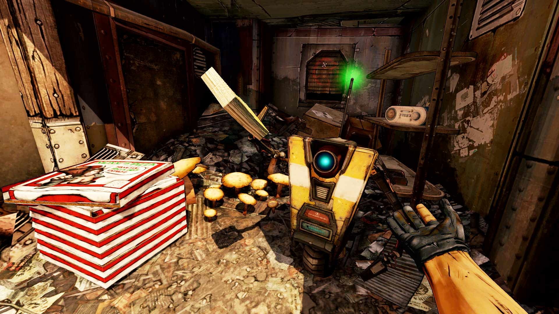Borderlands 2 VR screenshot: cel-shaded, first-person, black outlines, soft gradient (environment, character)