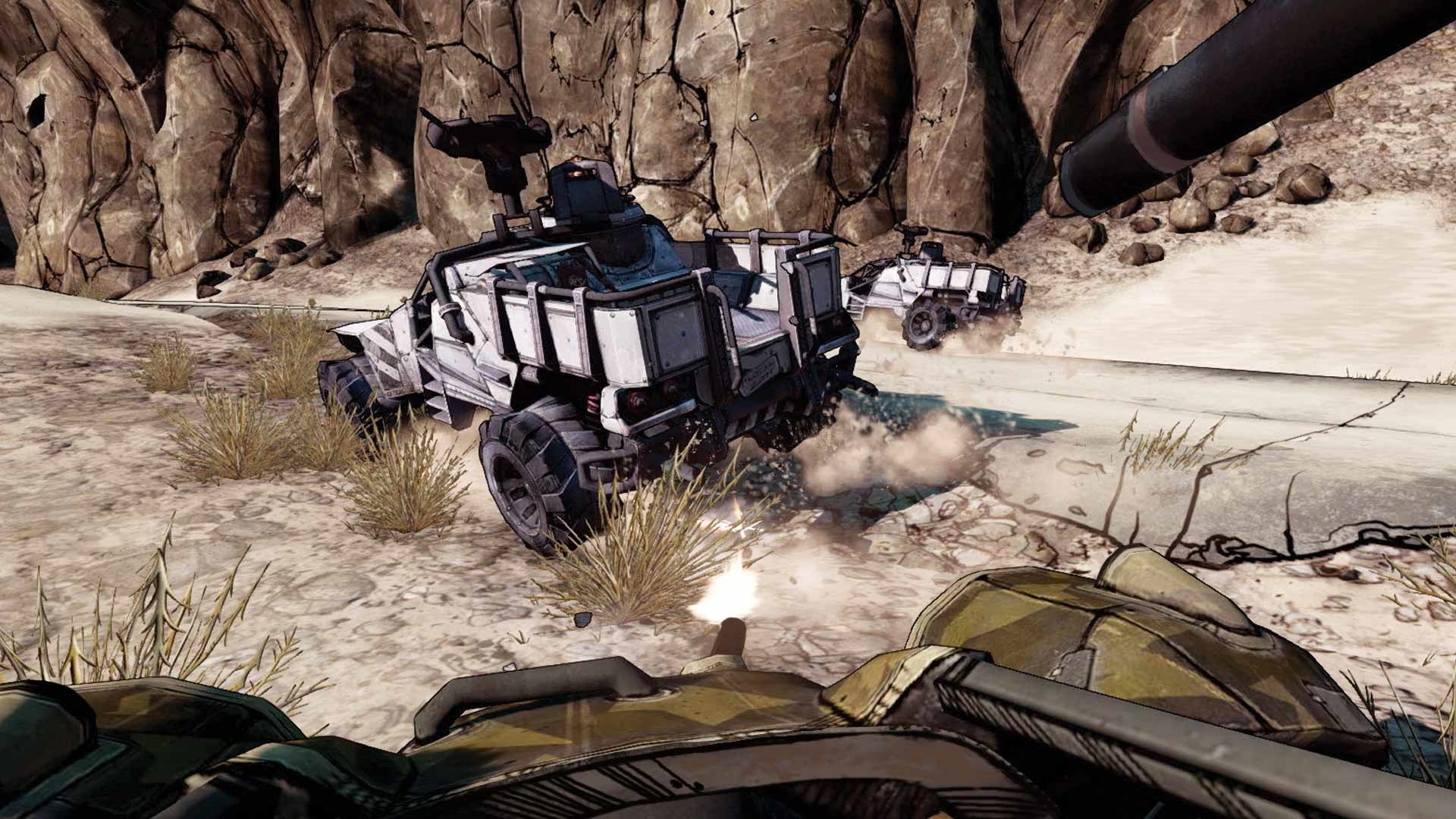 Borderlands 2 VR screenshot: cel-shaded, first-person, black outlines, soft gradient (environment, combat)
