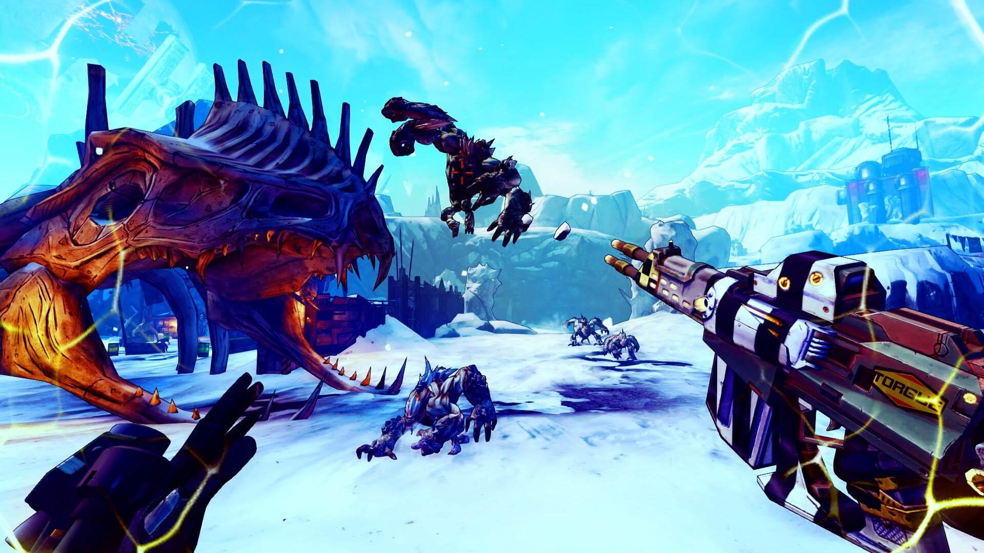Borderlands 2 VR screenshot: cel-shaded, first-person, black outlines, soft gradient (environment, combat)
