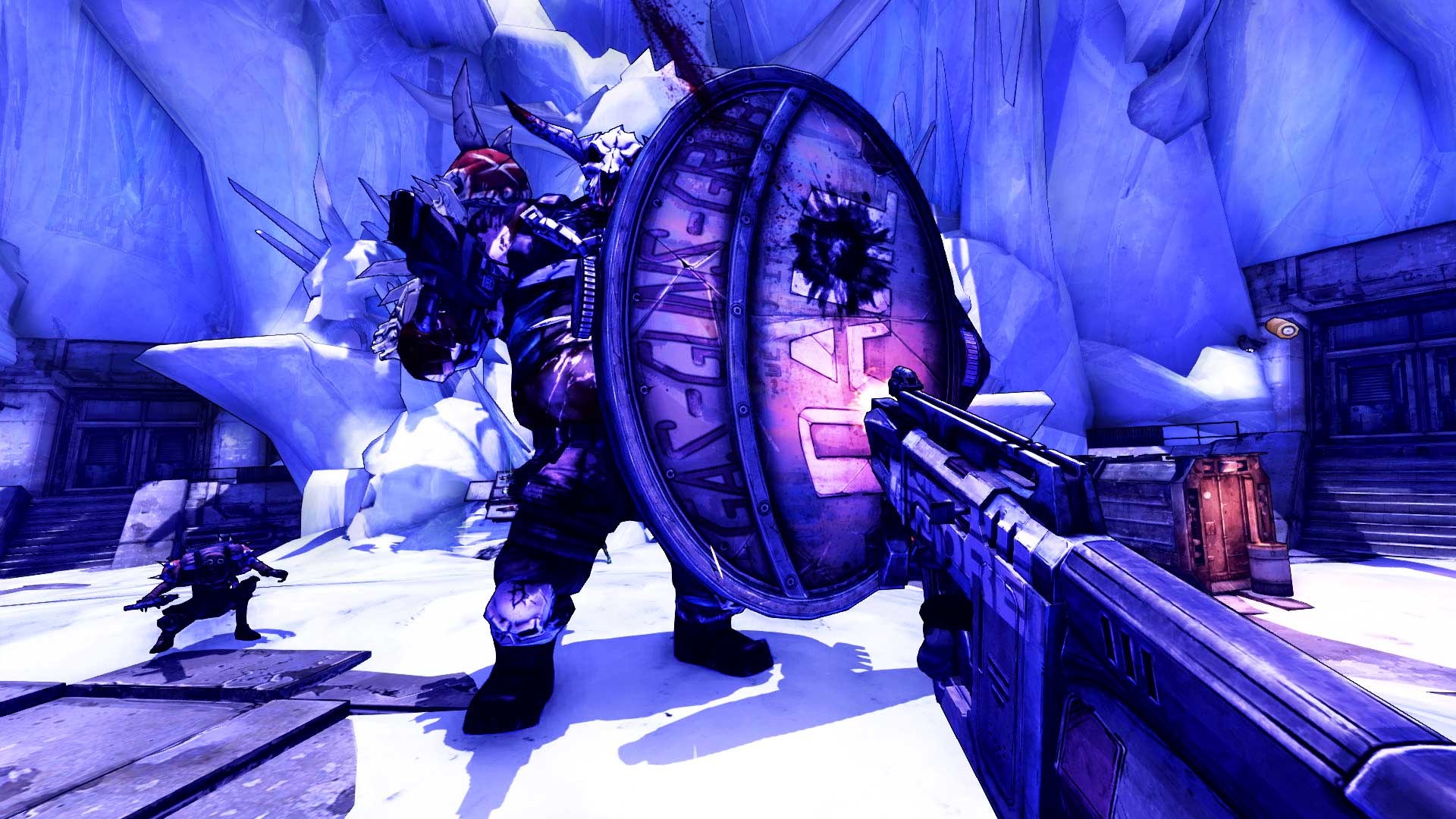 Borderlands 2 VR screenshot: cel-shaded, first-person, black outlines, soft gradient (character, combat)