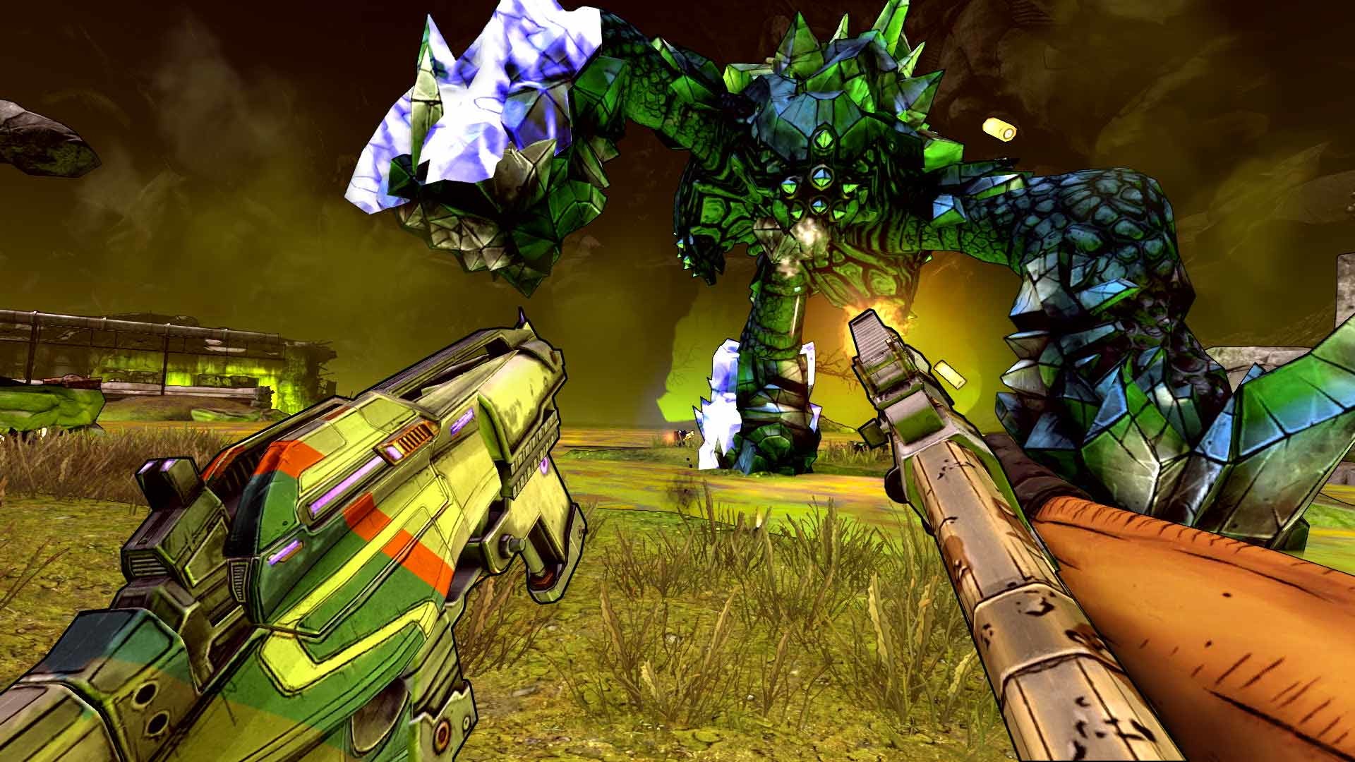 Borderlands 2 VR screenshot: cel-shaded, first-person, black outlines, soft gradient (character, combat)