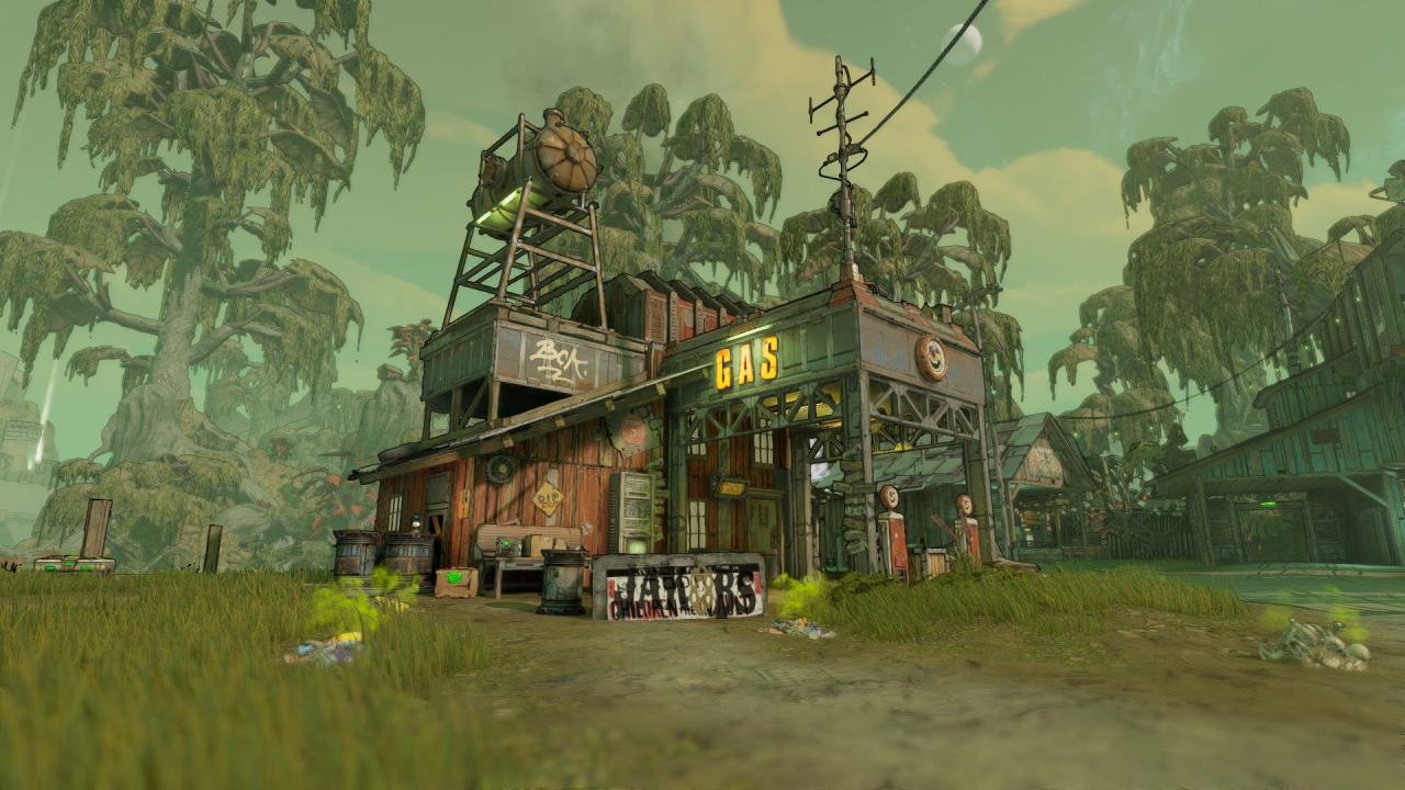 Borderlands 3 screenshot: cel-shaded, first-person, black outlines, soft gradient (environment)