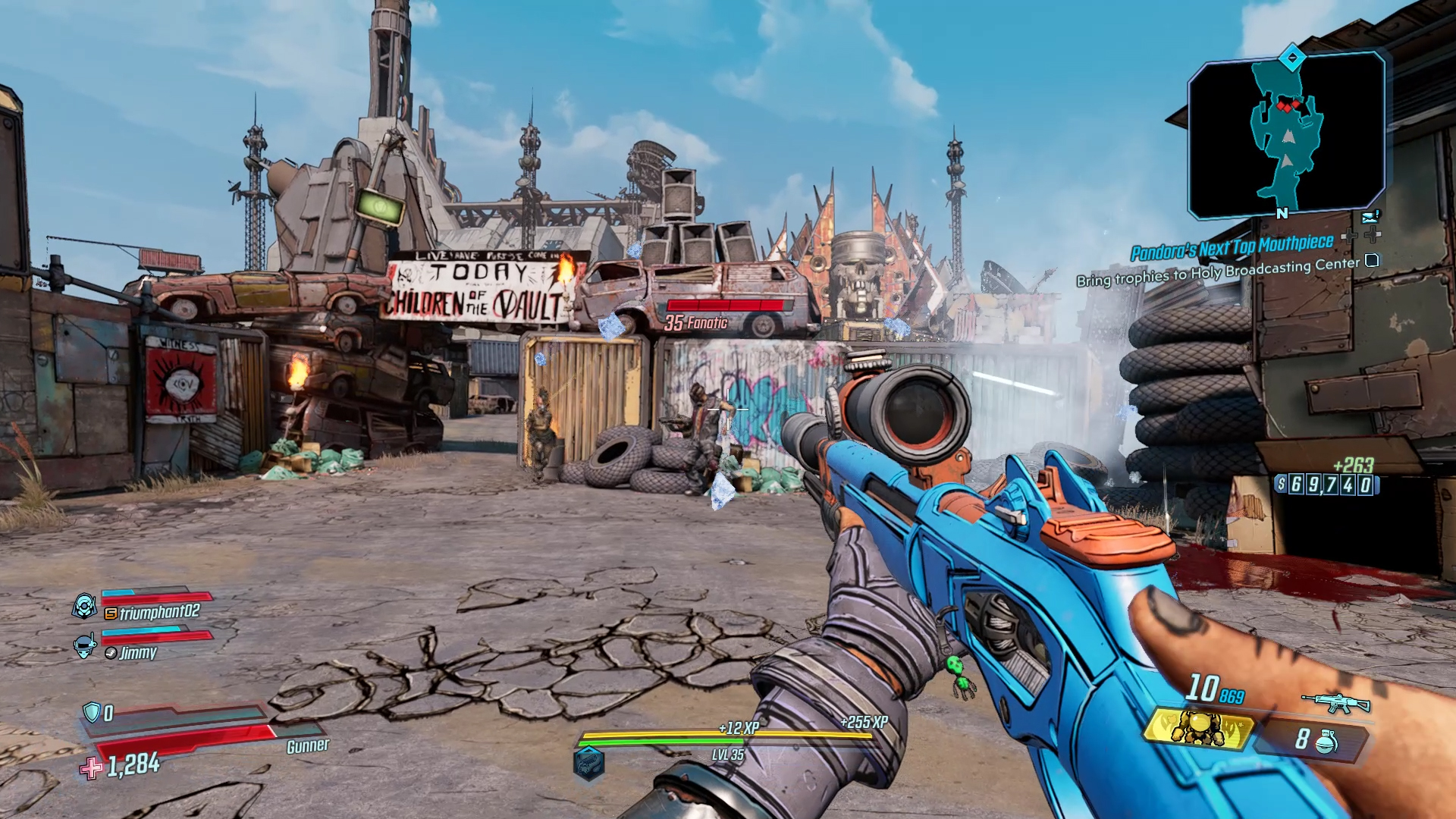 Borderlands 3 screenshot: cel-shaded, first-person, black outlines, soft gradient (environment)