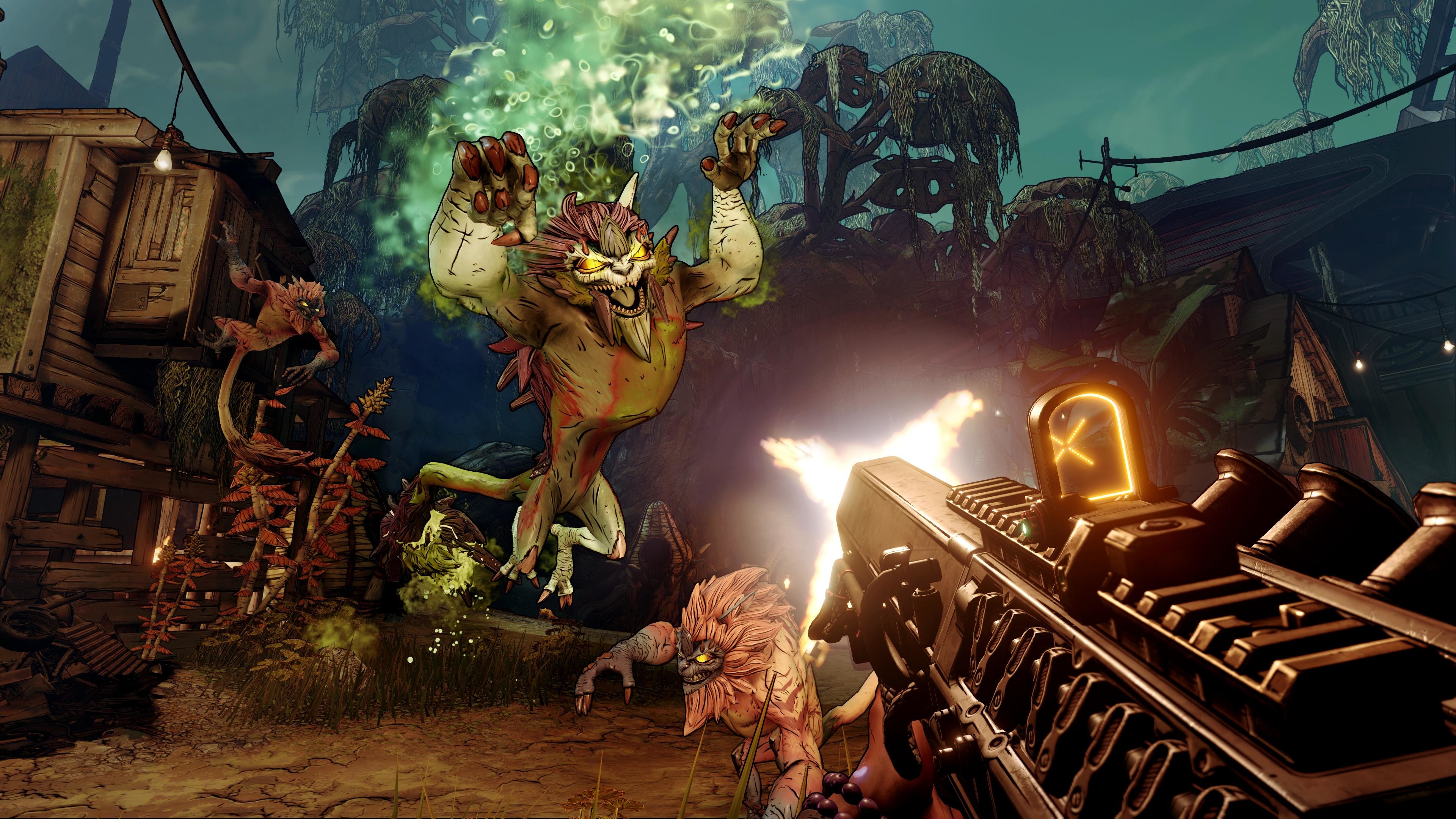 Borderlands 3 screenshot: cel-shaded, first-person, black outlines, soft gradient (combat)