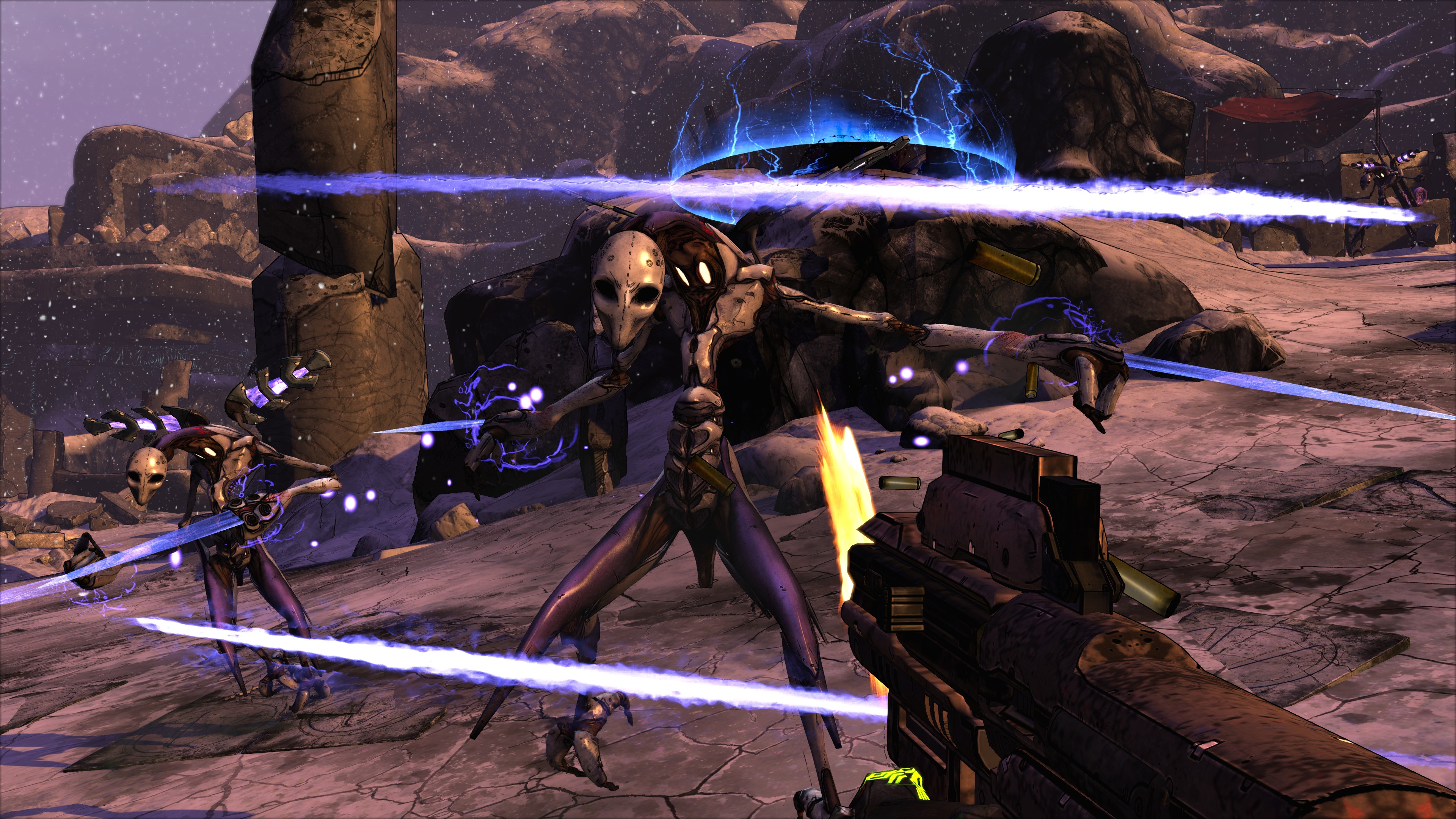 Borderlands: Game of the Year Enhanced screenshot: cel-shaded, first-person, black outlines, soft gradient (combat)