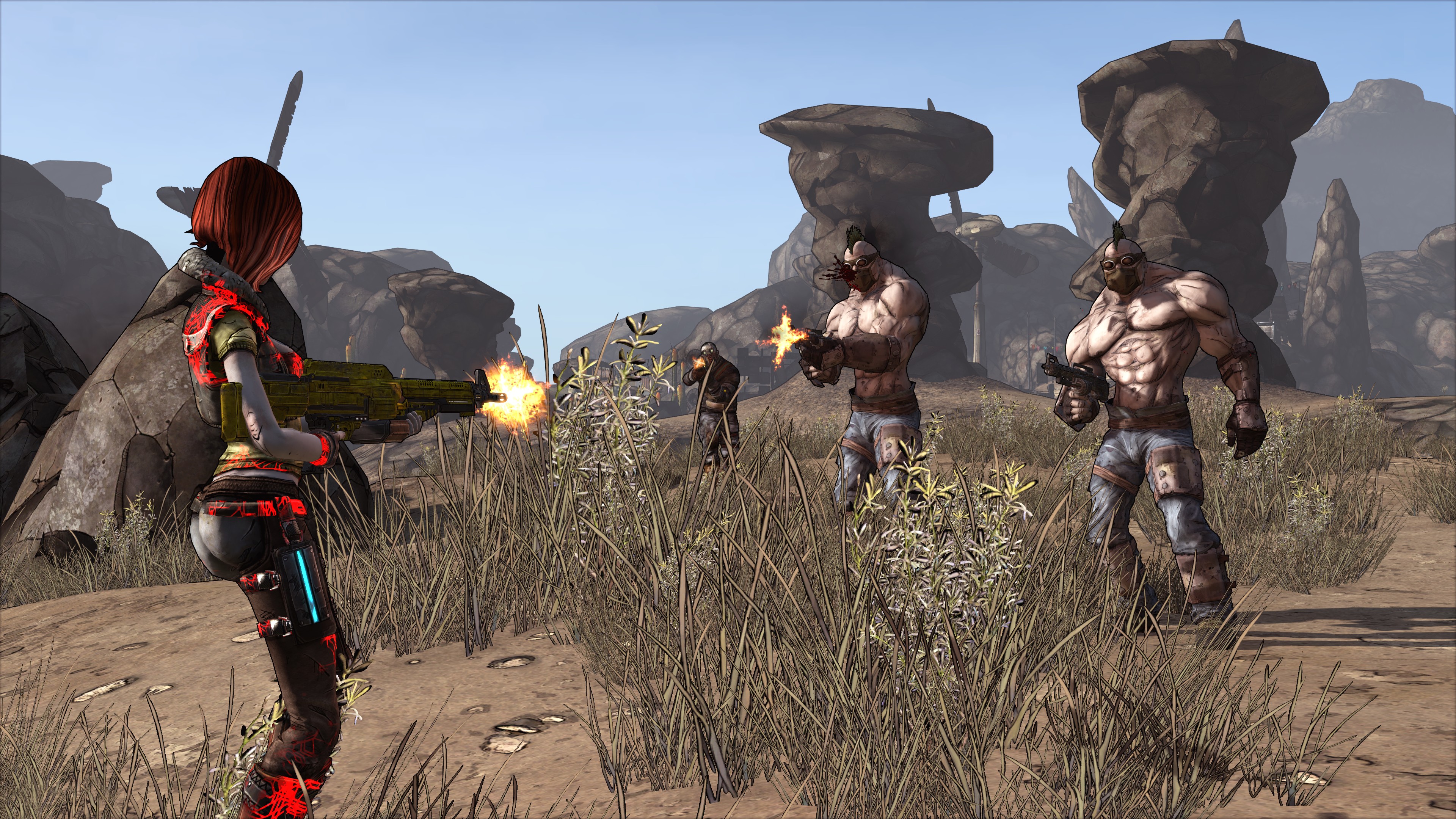 Borderlands: Game of the Year Enhanced screenshot: cel-shaded, first-person, black outlines, soft gradient (character, combat)
