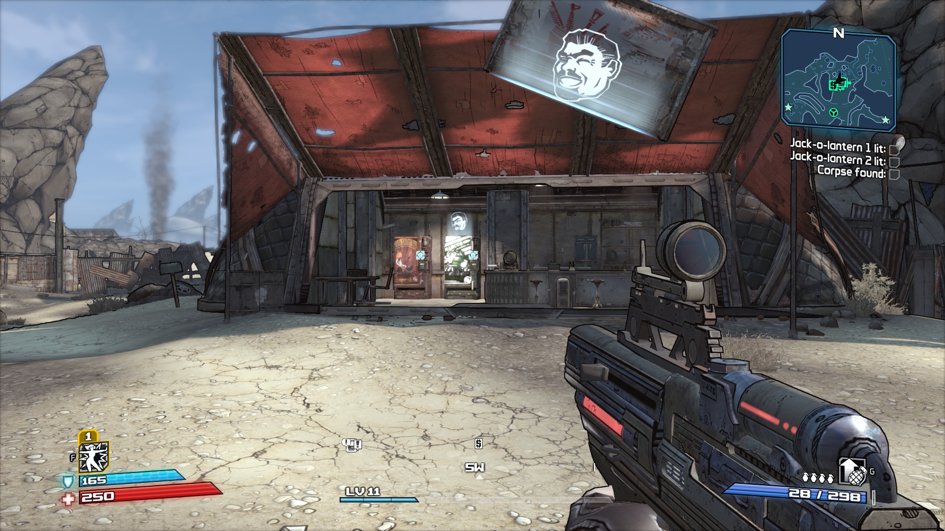 Borderlands: Game of the Year Enhanced screenshot: cel-shaded, first-person, black outlines, soft gradient (environment)