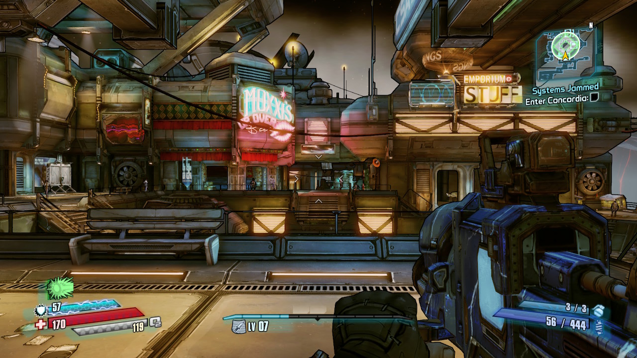Borderlands Legendary Collection screenshot: cel-shaded, first-person, black outlines, soft gradient (environment)