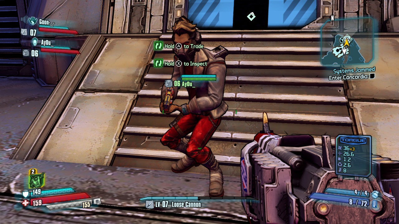 Borderlands Legendary Collection screenshot: cel-shaded, first-person, black outlines, soft gradient (environment, character)