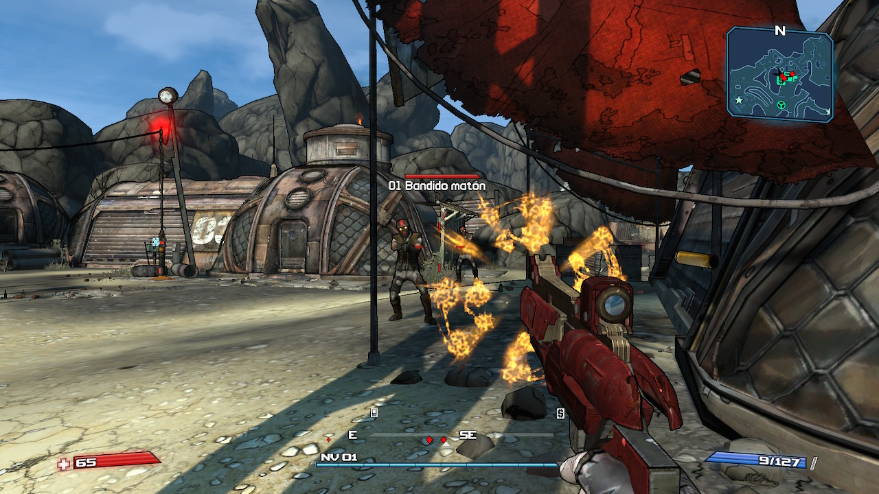 Borderlands Legendary Collection screenshot: cel-shaded, first-person, black outlines, soft gradient (combat)