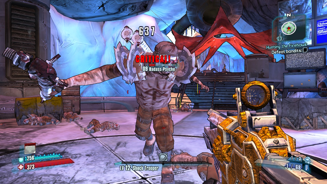 Borderlands Legendary Collection screenshot: cel-shaded, first-person, black outlines, soft gradient (character, combat)