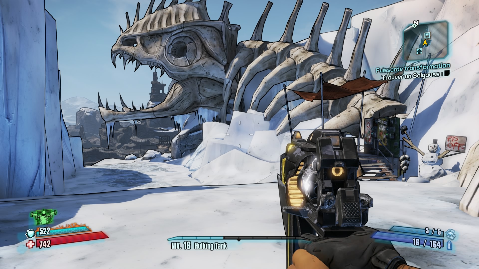 Borderlands: The Handsome Collection screenshot: cel-shaded, first-person, black outlines, soft gradient (environment)
