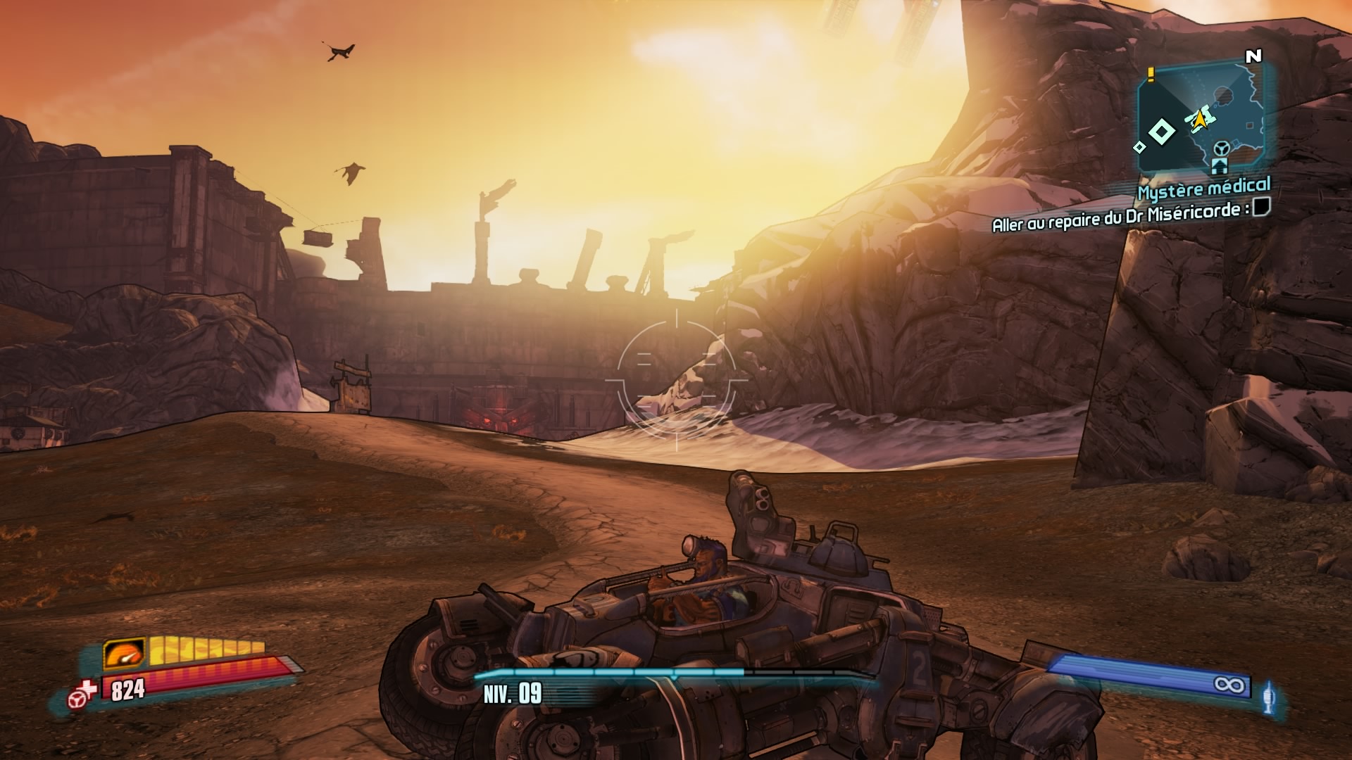 Borderlands: The Handsome Collection screenshot: cel-shaded, first-person, black outlines, soft gradient (environment)