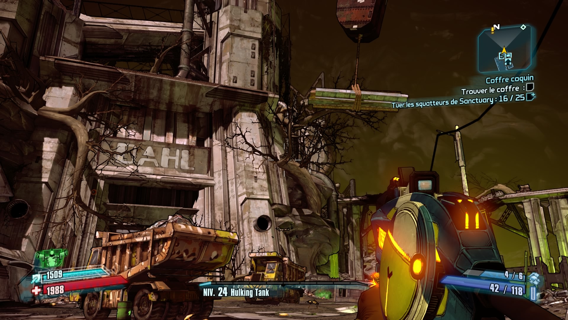 Borderlands: The Handsome Collection screenshot: cel-shaded, first-person, black outlines, soft gradient (environment)