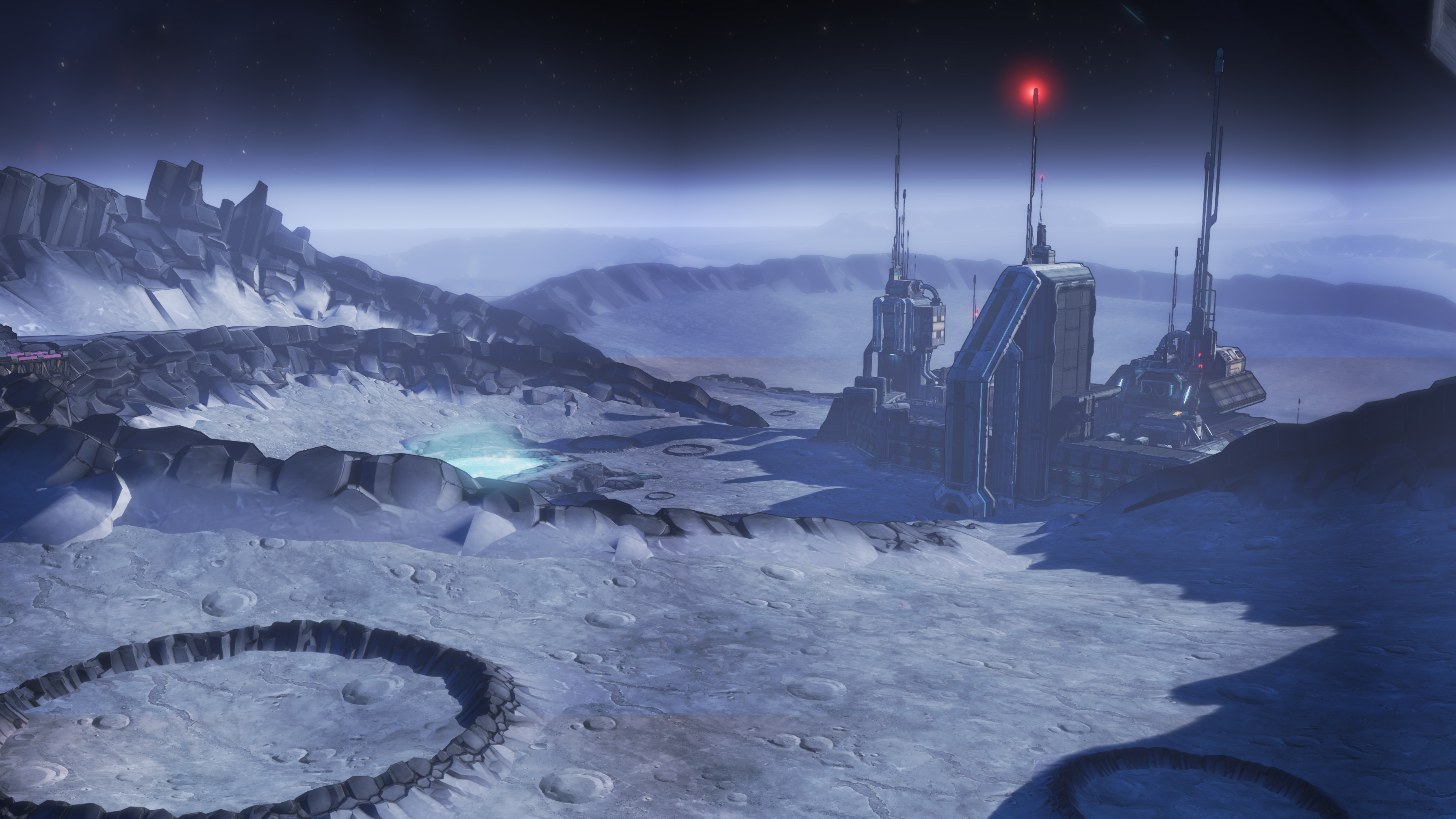 Borderlands: The Pre-Sequel screenshot: cel-shaded, first-person, black outlines, soft gradient (environment)