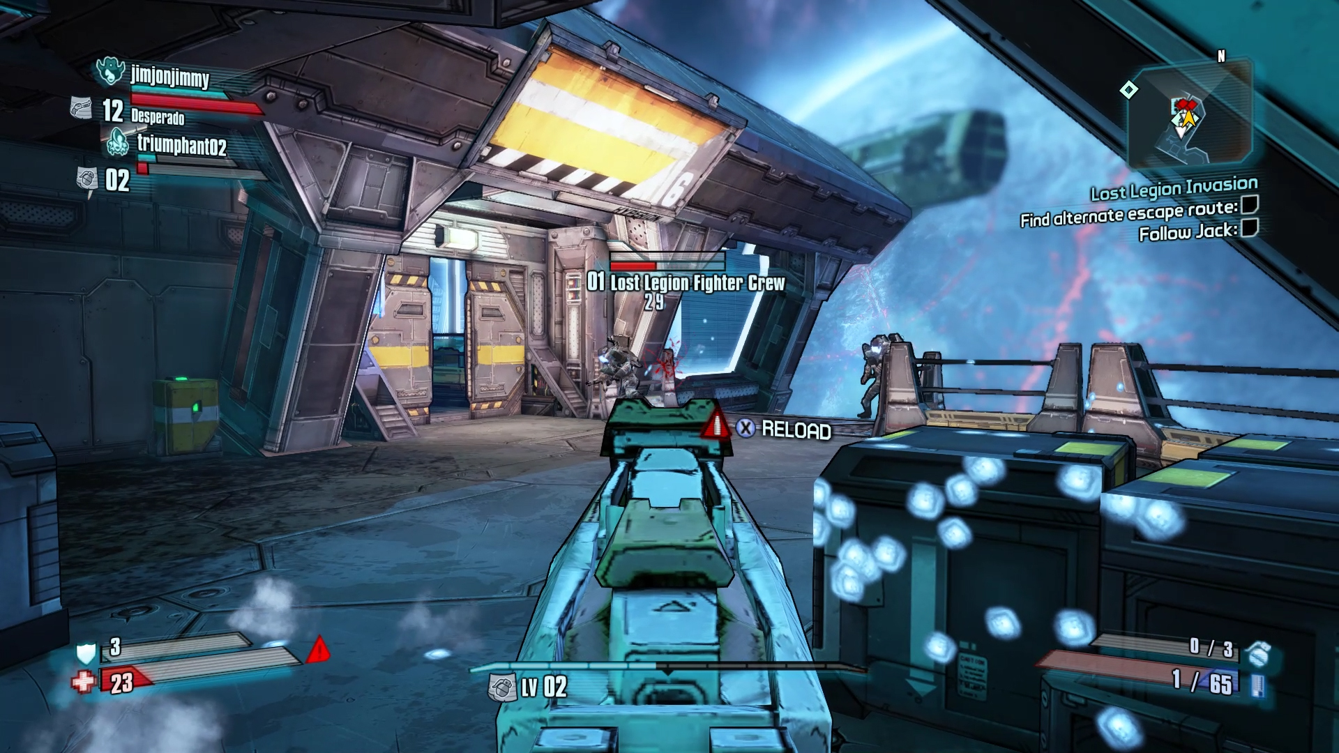 Borderlands: The Pre-Sequel screenshot: cel-shaded, first-person, black outlines, soft gradient (environment, combat)