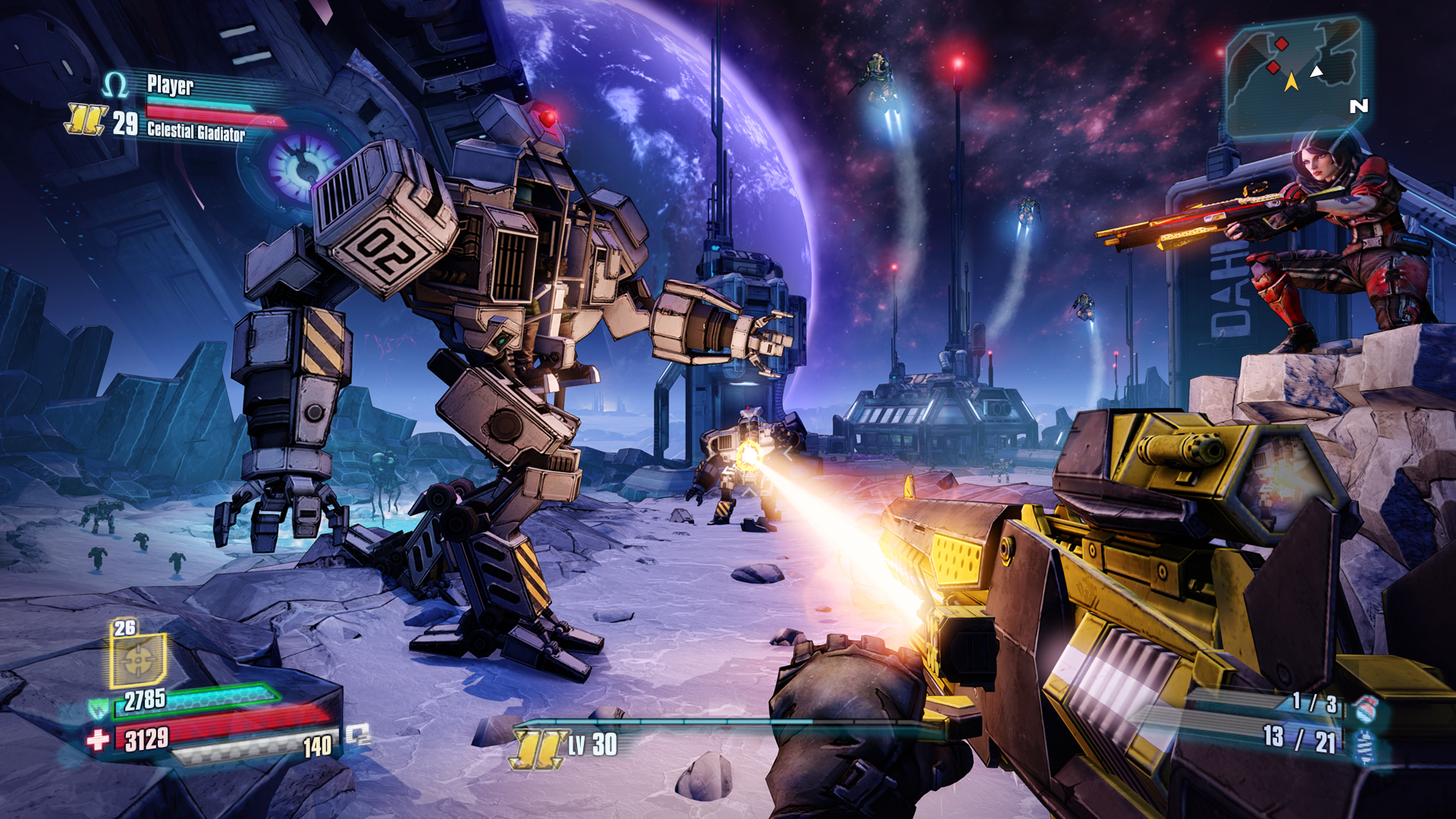 Borderlands: The Pre-Sequel screenshot: cel-shaded, first-person, black outlines, soft gradient (environment, character, combat)