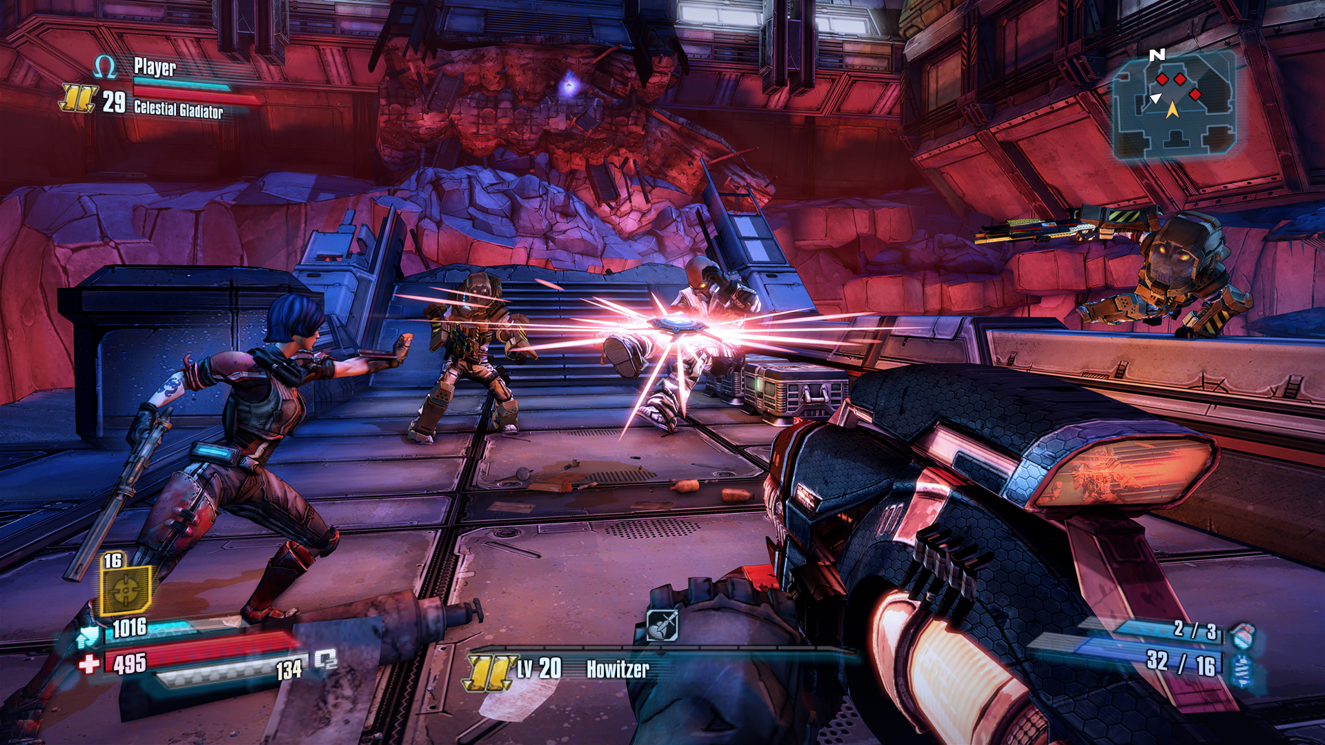 Borderlands: The Pre-Sequel screenshot: cel-shaded, first-person, black outlines, soft gradient (environment, combat)