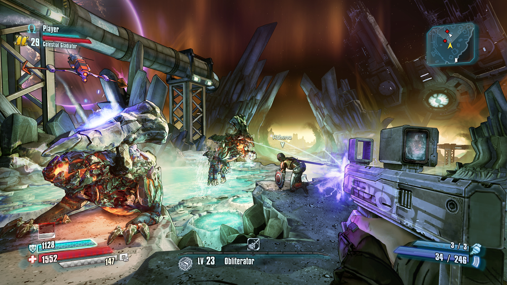 Borderlands: The Pre-Sequel screenshot: cel-shaded, first-person, black outlines, soft gradient (environment, combat)